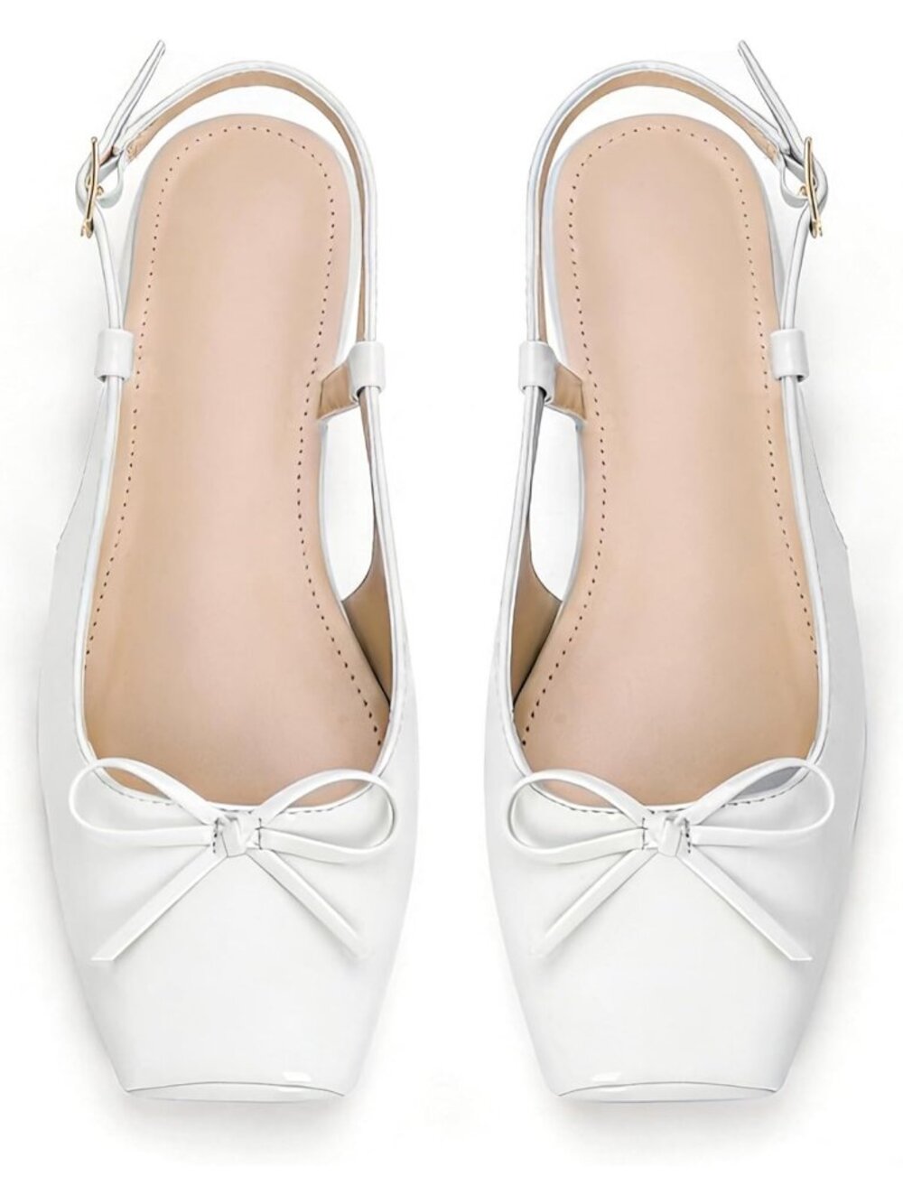 Women's Pearl White Slingback Square Toe Bow Knit Ankle Buckle Satin Ballet Flat